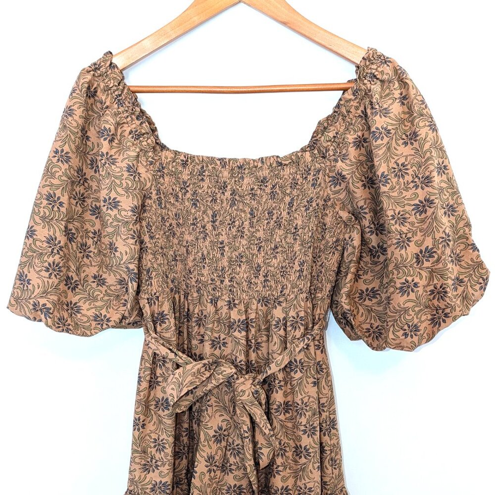A Loves A | Golden Oat Brown Floral Puff Sleeve Boho Midi Dress | Size	Small - Picture 3 of 10